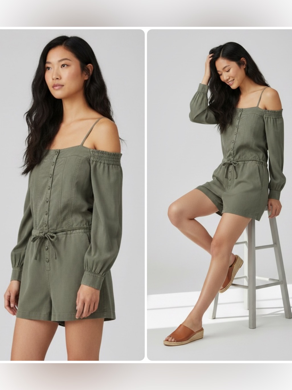 The Kooples Jeans Olive Green Off-Shoulder Tie-Waist Lyocell Romper Nwt $300